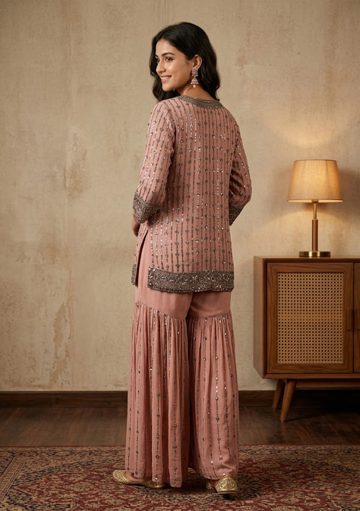 Peach Georgette Cutdana Straight Kurta With Sharara And Dupatta