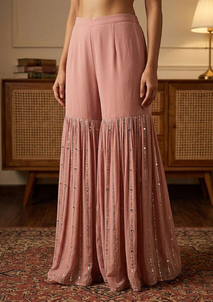 Peach Georgette Cutdana Straight Kurta With Sharara And Dupatta