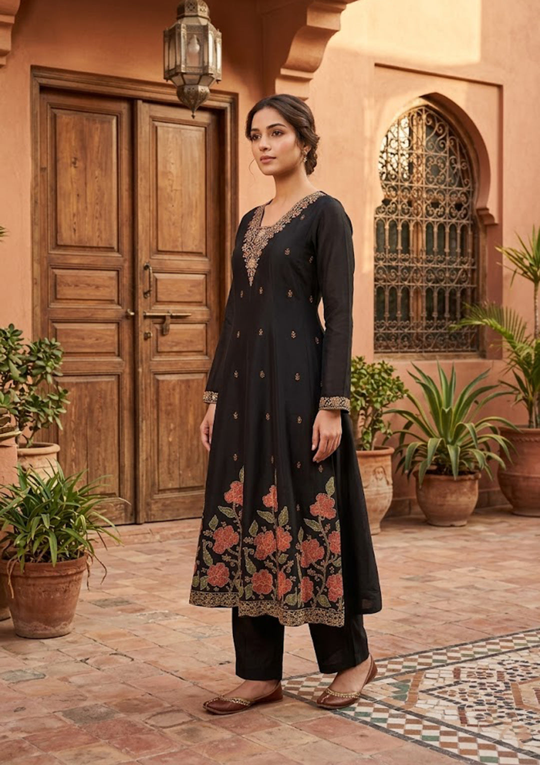 Black Chanderi Cording Anarkali Kurta With Pant Regular And Dupatta