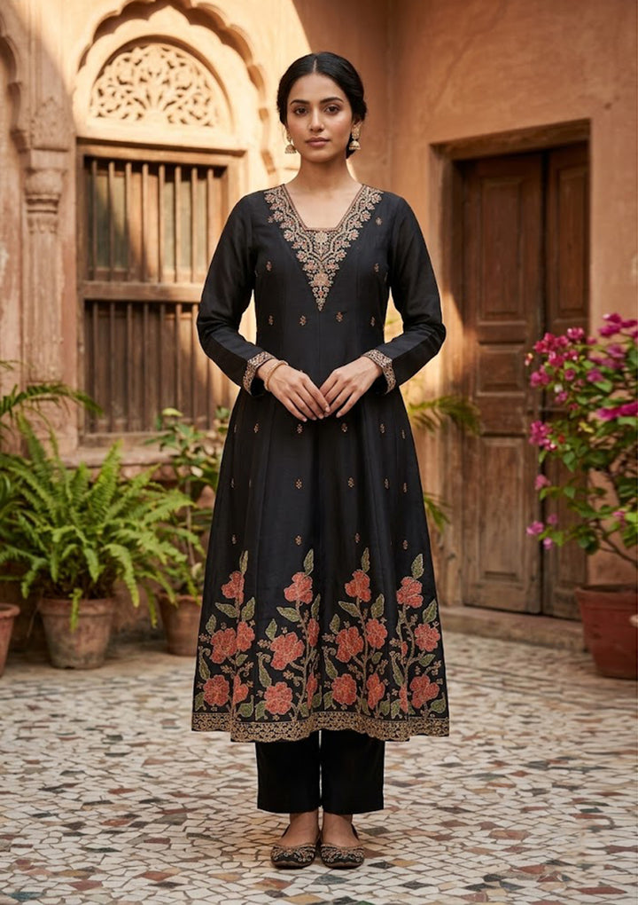 Black Chanderi Cording Anarkali Kurta With Pant Regular And Dupatta