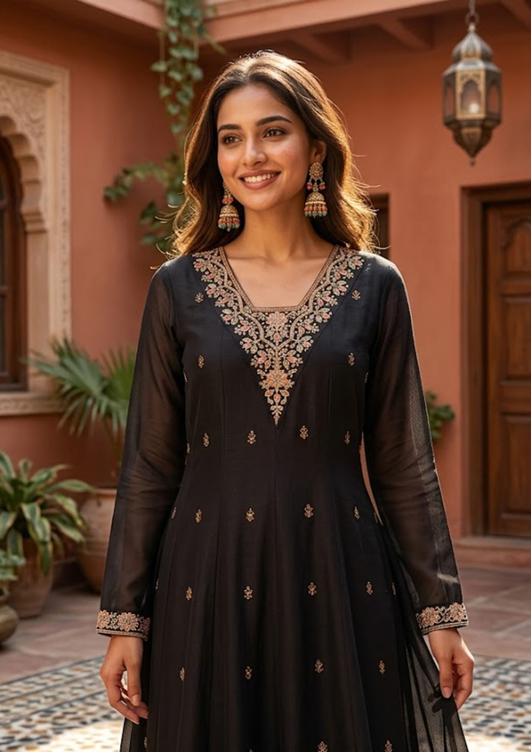 Black Chanderi Cording Anarkali Kurta With Pant Regular And Dupatta