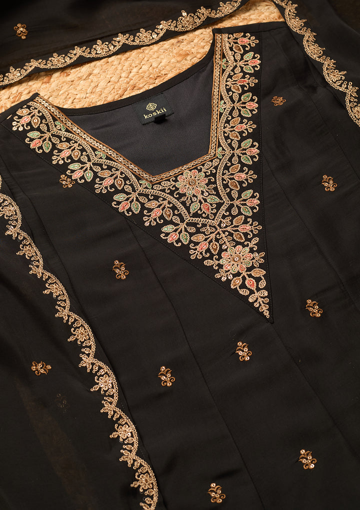 Black Chanderi Cording Anarkali Kurta With Pant Regular And Dupatta
