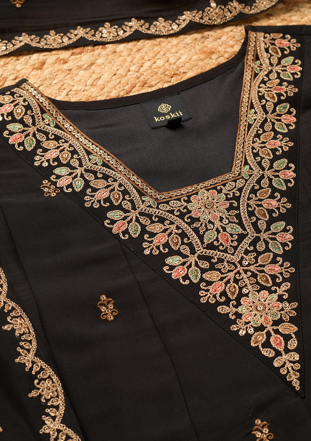 Black Chanderi Cording Anarkali Kurta With Pant Regular And Dupatta
