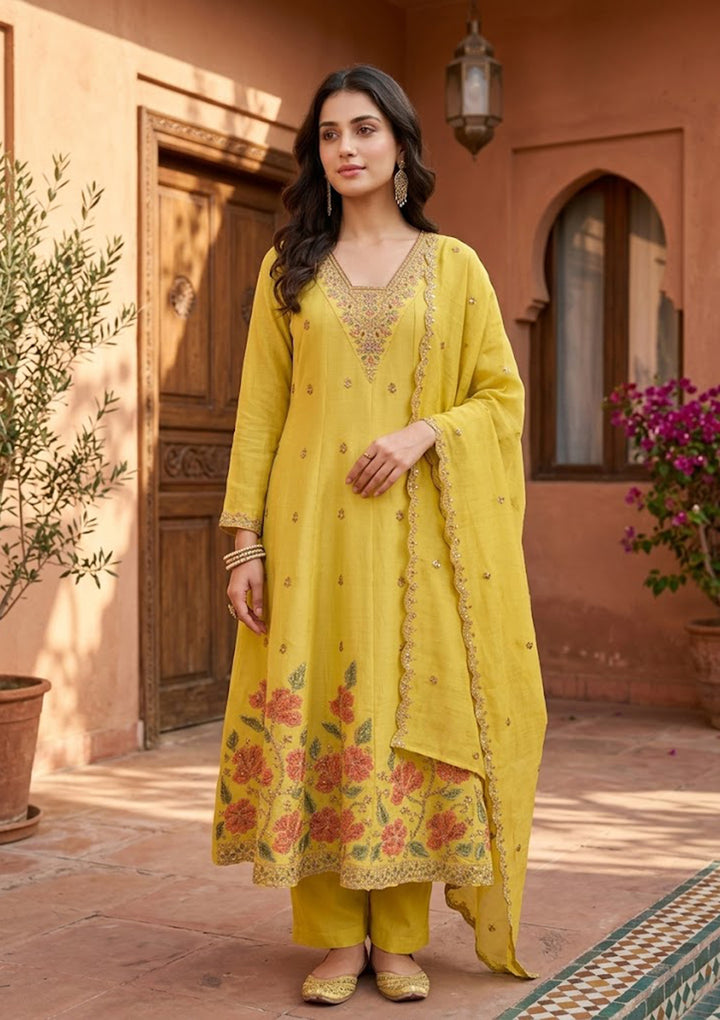 Mustard Chanderi Cording Anarkali Kurta With Regular Pant And Dupatta
