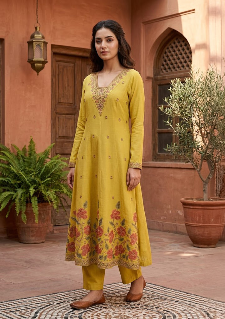 Mustard Chanderi Cording Anarkali Kurta With Regular Pant And Dupatta