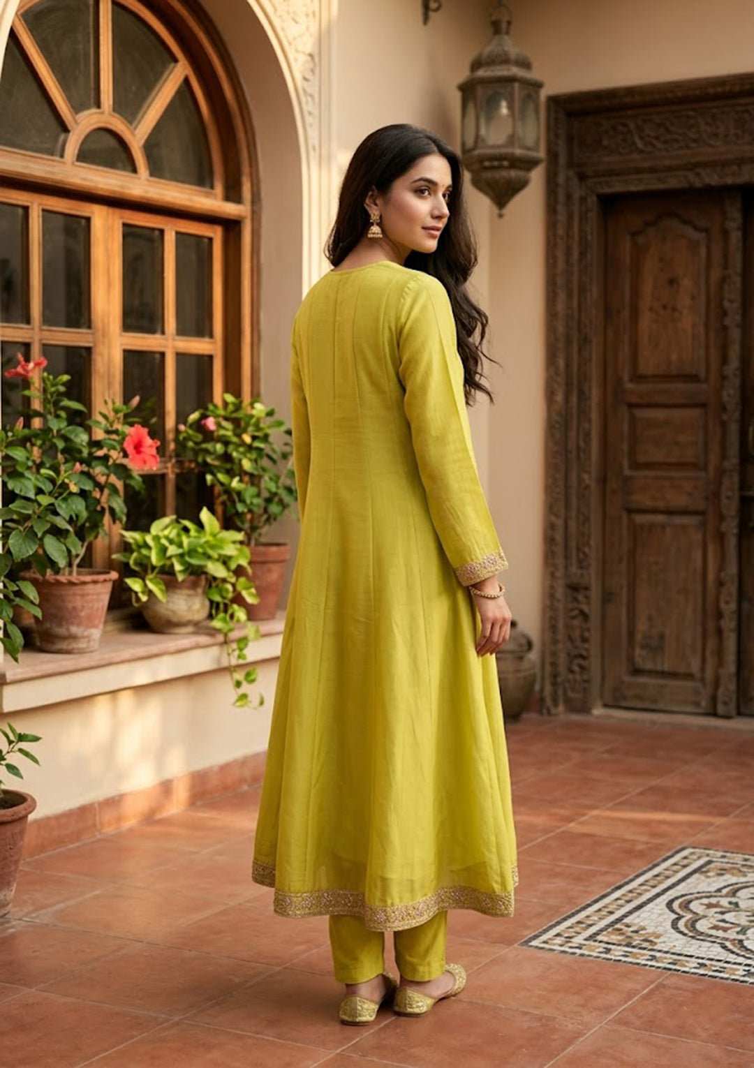 Mustard Chanderi Cording Anarkali Kurta With Regular Pant And Dupatta