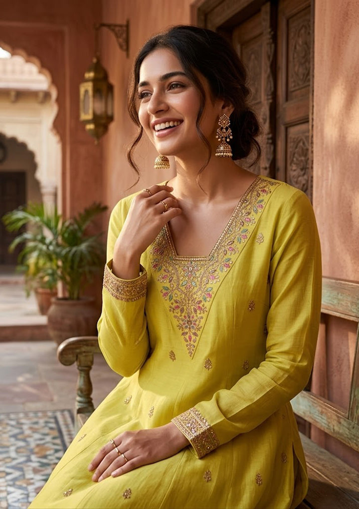 Mustard Chanderi Cording Anarkali Kurta With Regular Pant And Dupatta