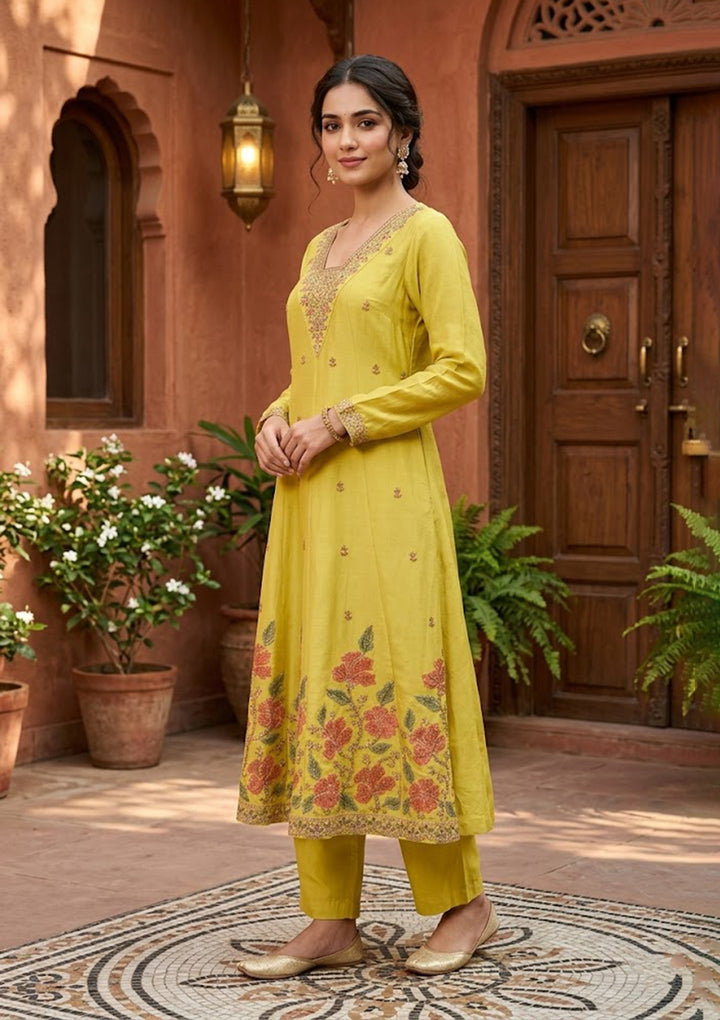 Mustard Chanderi Cording Anarkali Kurta With Regular Pant And Dupatta