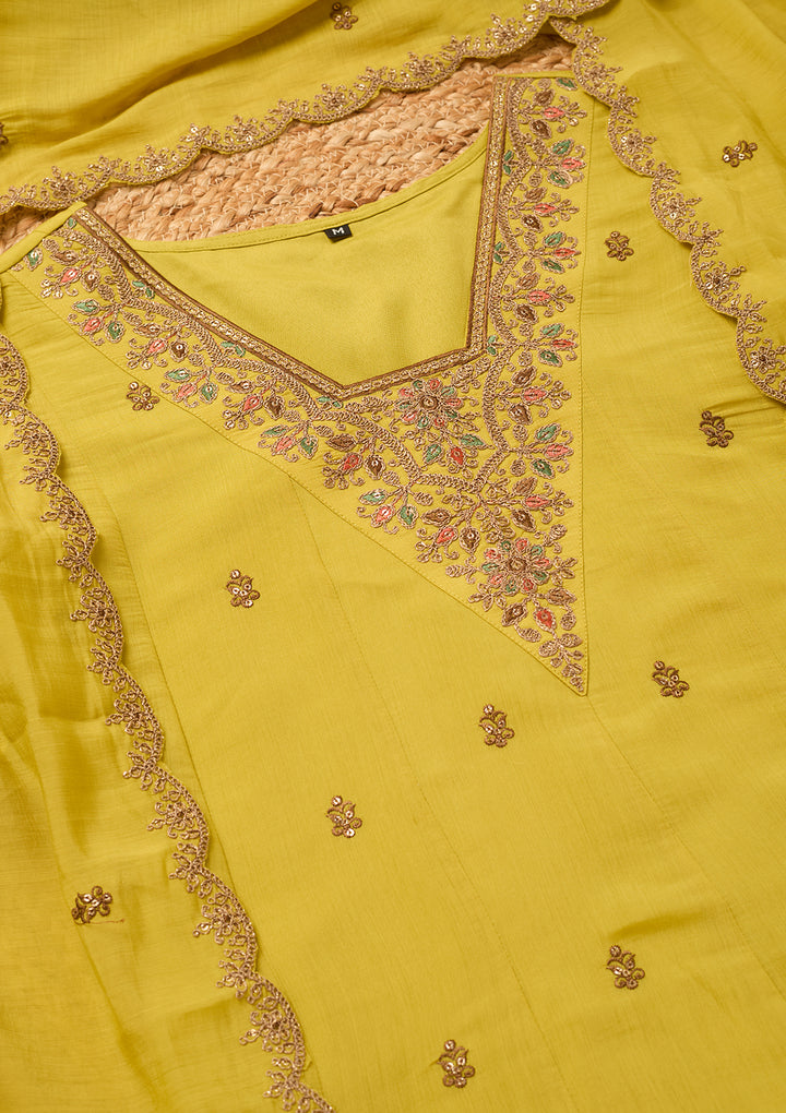 Mustard Chanderi Cording Anarkali Kurta With Regular Pant And Dupatta