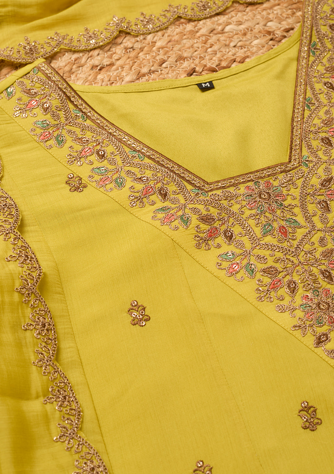 Mustard Chanderi Cording Anarkali Kurta With Regular Pant And Dupatta