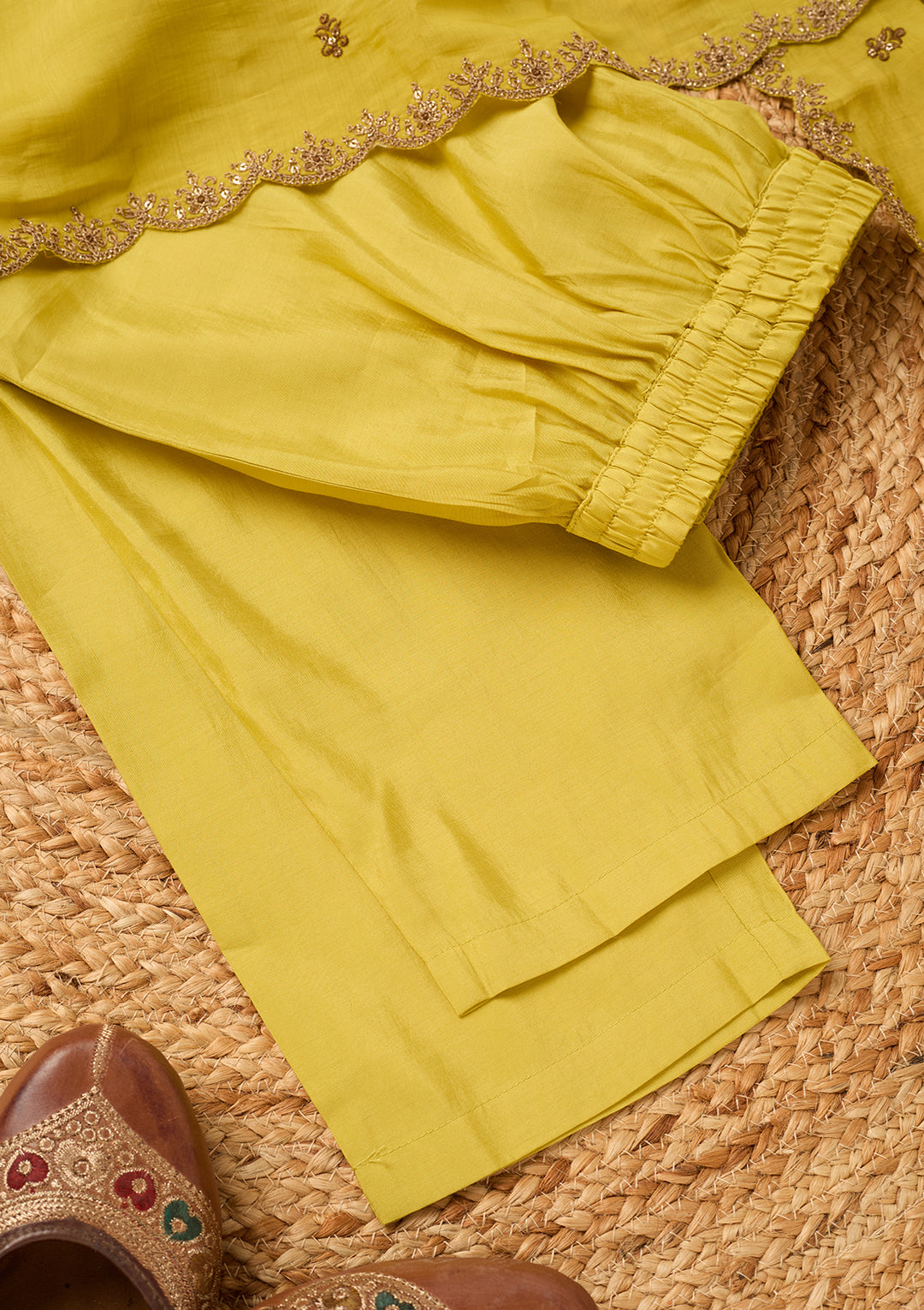 Mustard Chanderi Cording Anarkali Kurta With Regular Pant And Dupatta