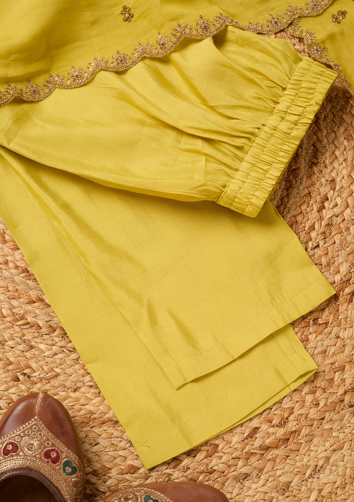 Mustard Chanderi Cording Anarkali Kurta With Regular Pant And Dupatta