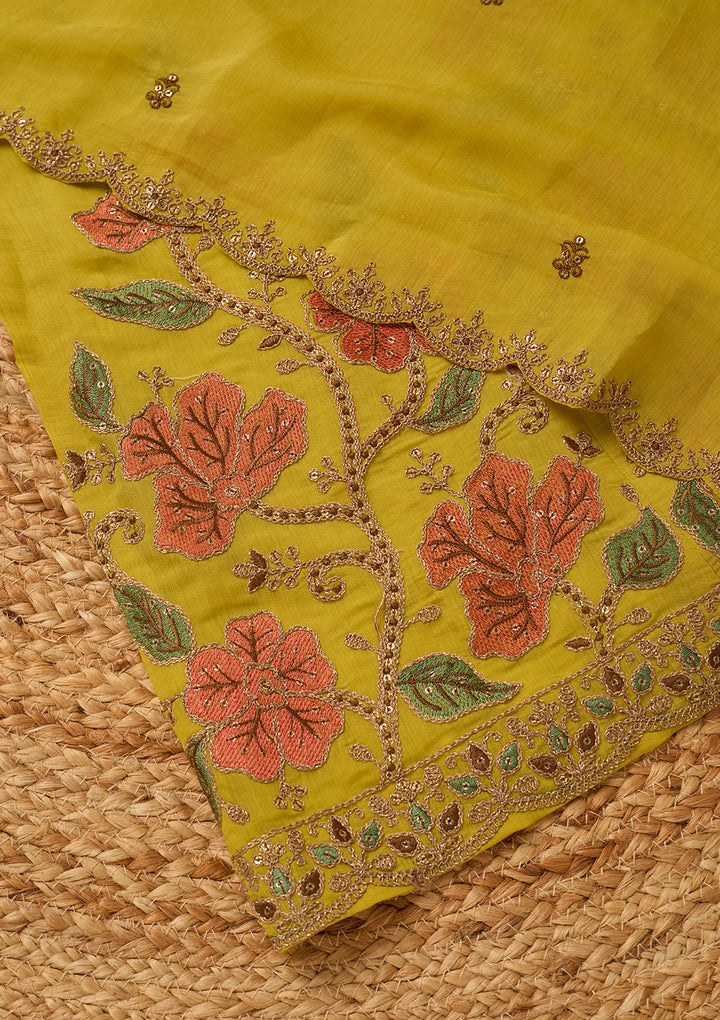 Mustard Chanderi Cording Anarkali Kurta With Regular Pant And Dupatta