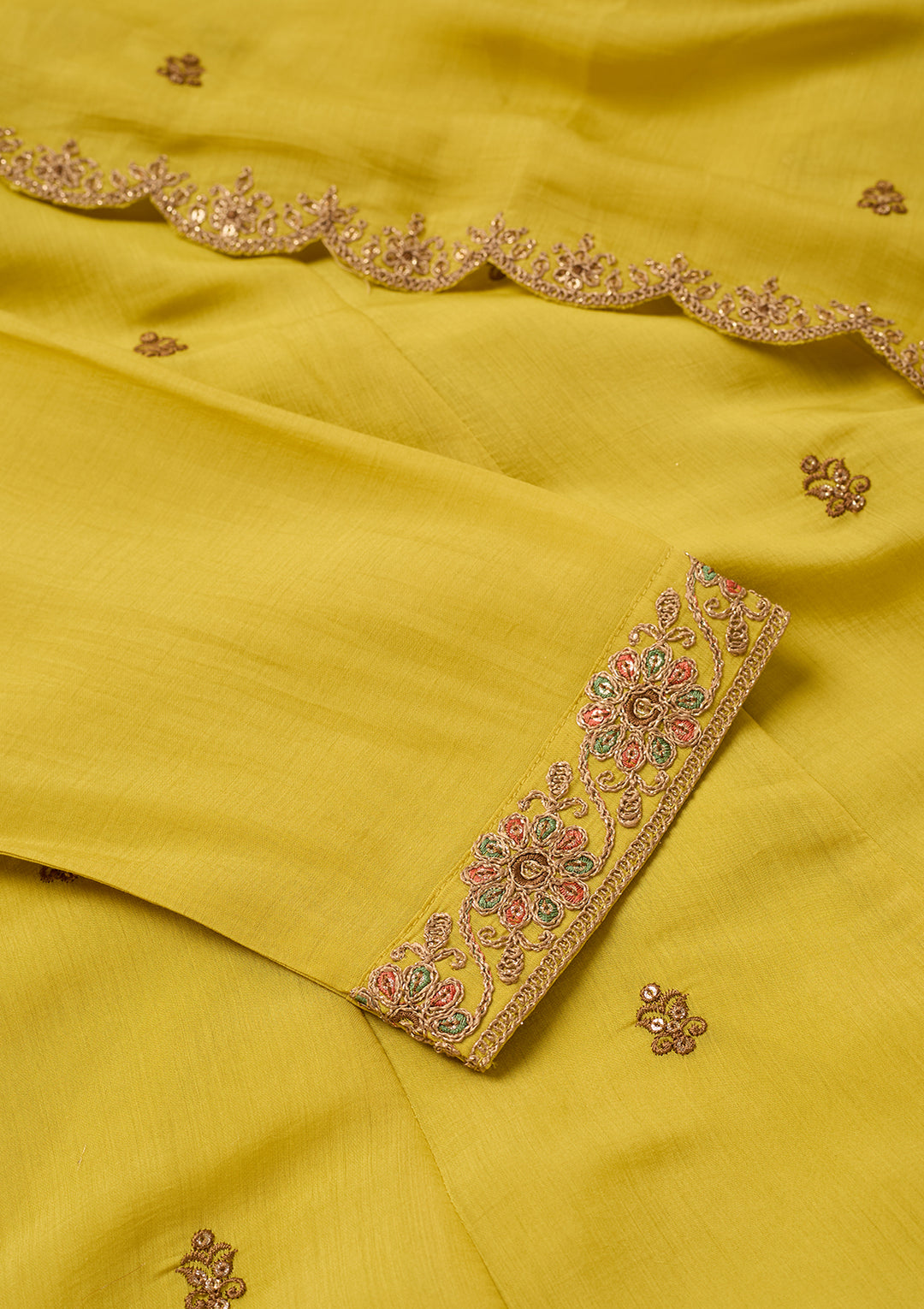 Mustard Chanderi Cording Anarkali Kurta With Regular Pant And Dupatta