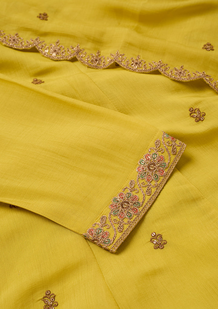 Mustard Chanderi Cording Anarkali Kurta With Regular Pant And Dupatta