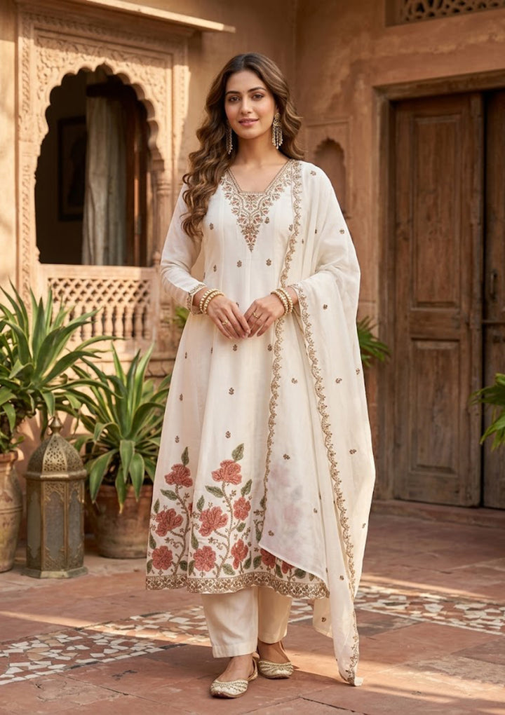 Off White Chanderi Cording Anarkali Kurta With Regular Pant And Dupatta