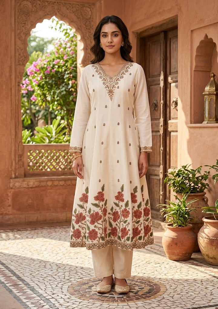 Off White Chanderi Cording Anarkali Kurta With Regular Pant And Dupatta