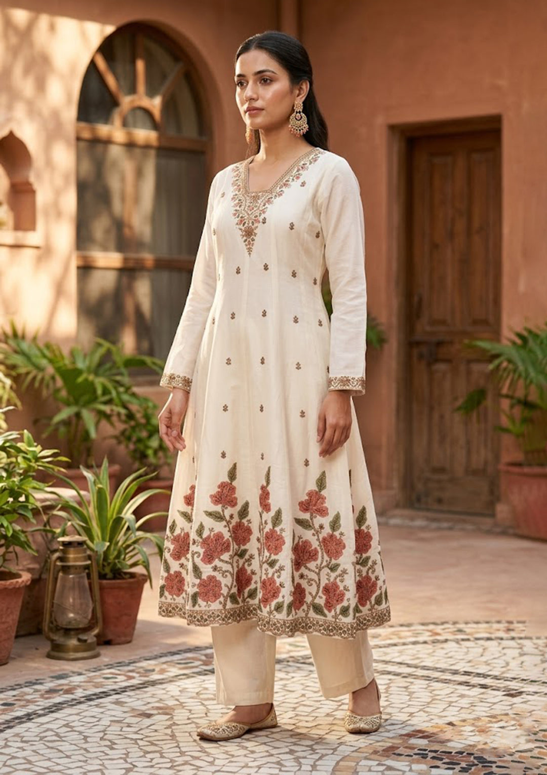 Off White Chanderi Cording Anarkali Kurta With Regular Pant And Dupatta