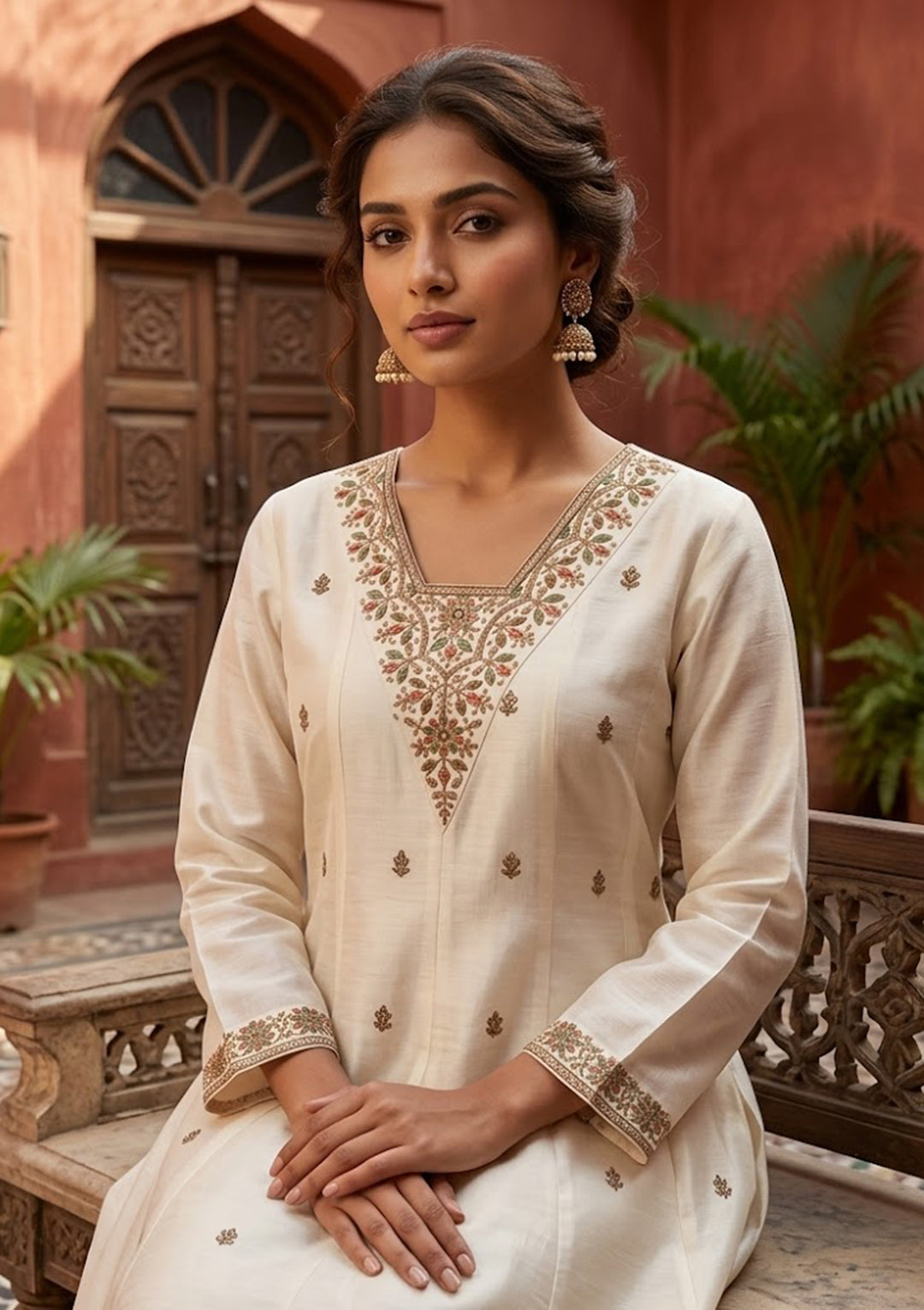 Off White Chanderi Cording Anarkali Kurta With Regular Pant And Dupatta