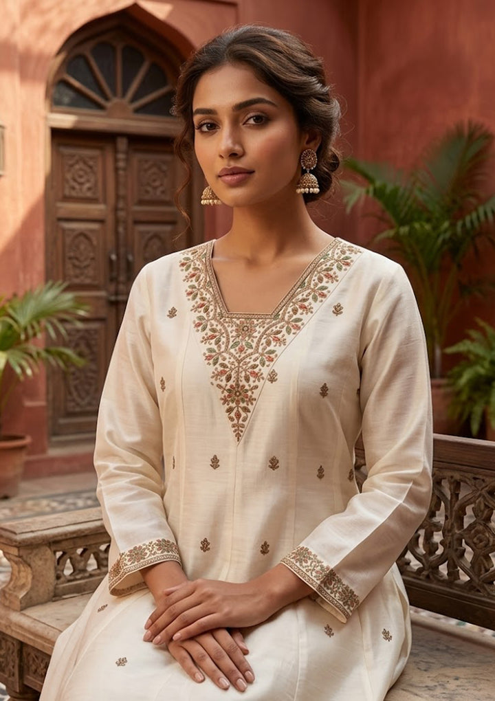 Off White Chanderi Cording Anarkali Kurta With Regular Pant And Dupatta