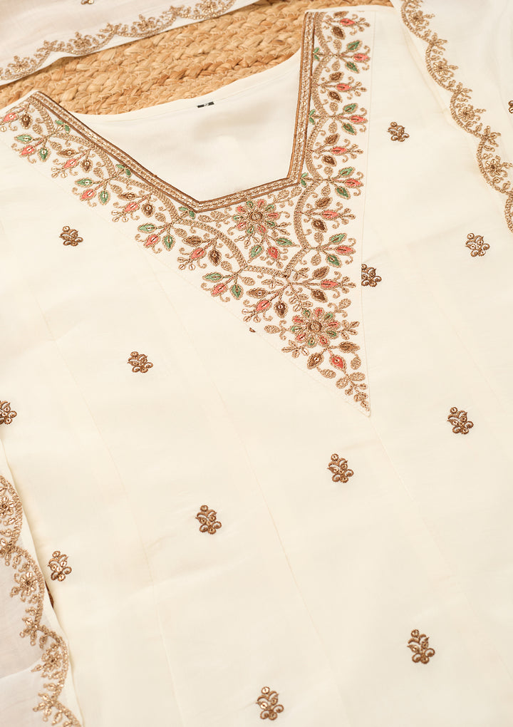 Off White Chanderi Cording Anarkali Kurta With Regular Pant And Dupatta
