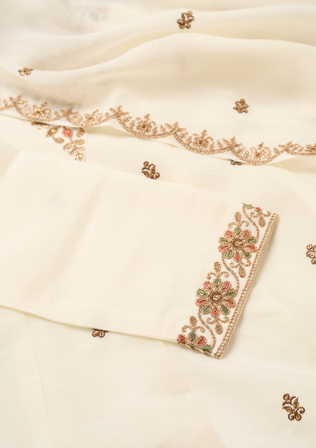 Off White Chanderi Cording Anarkali Kurta With Regular Pant And Dupatta