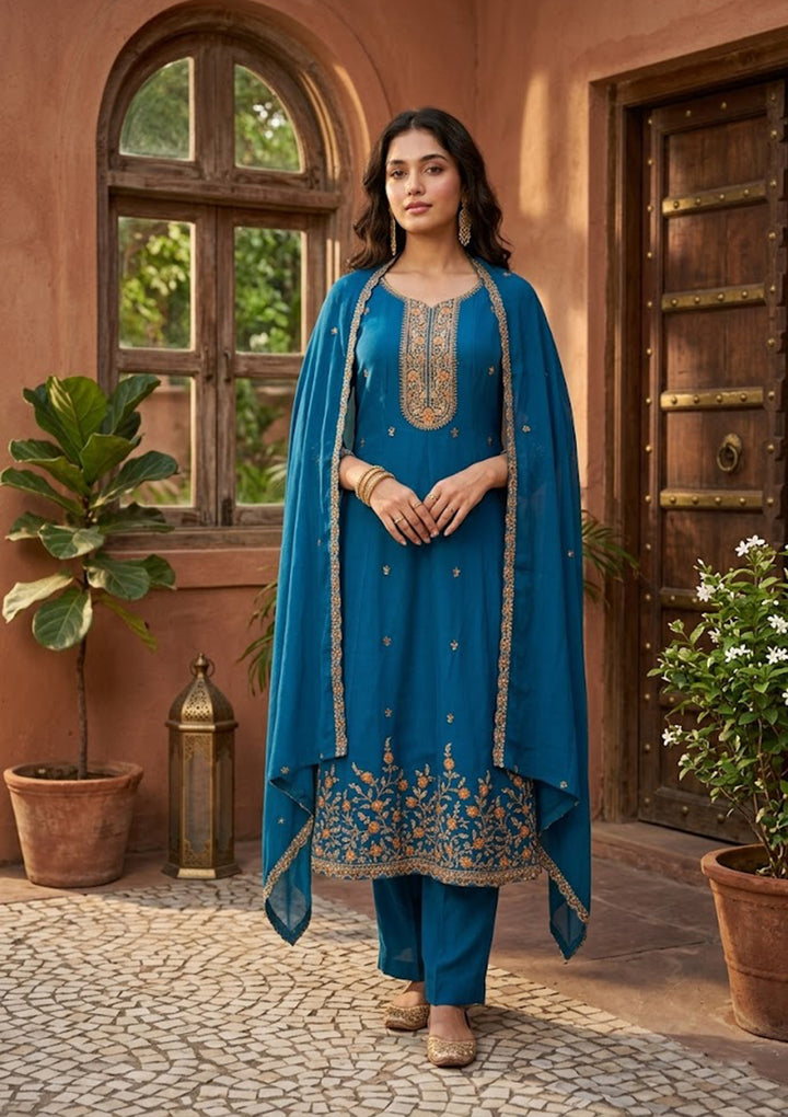 Navy Blue Chanderi Cording Anarkali Kurta With Regular Pant And Dupatta