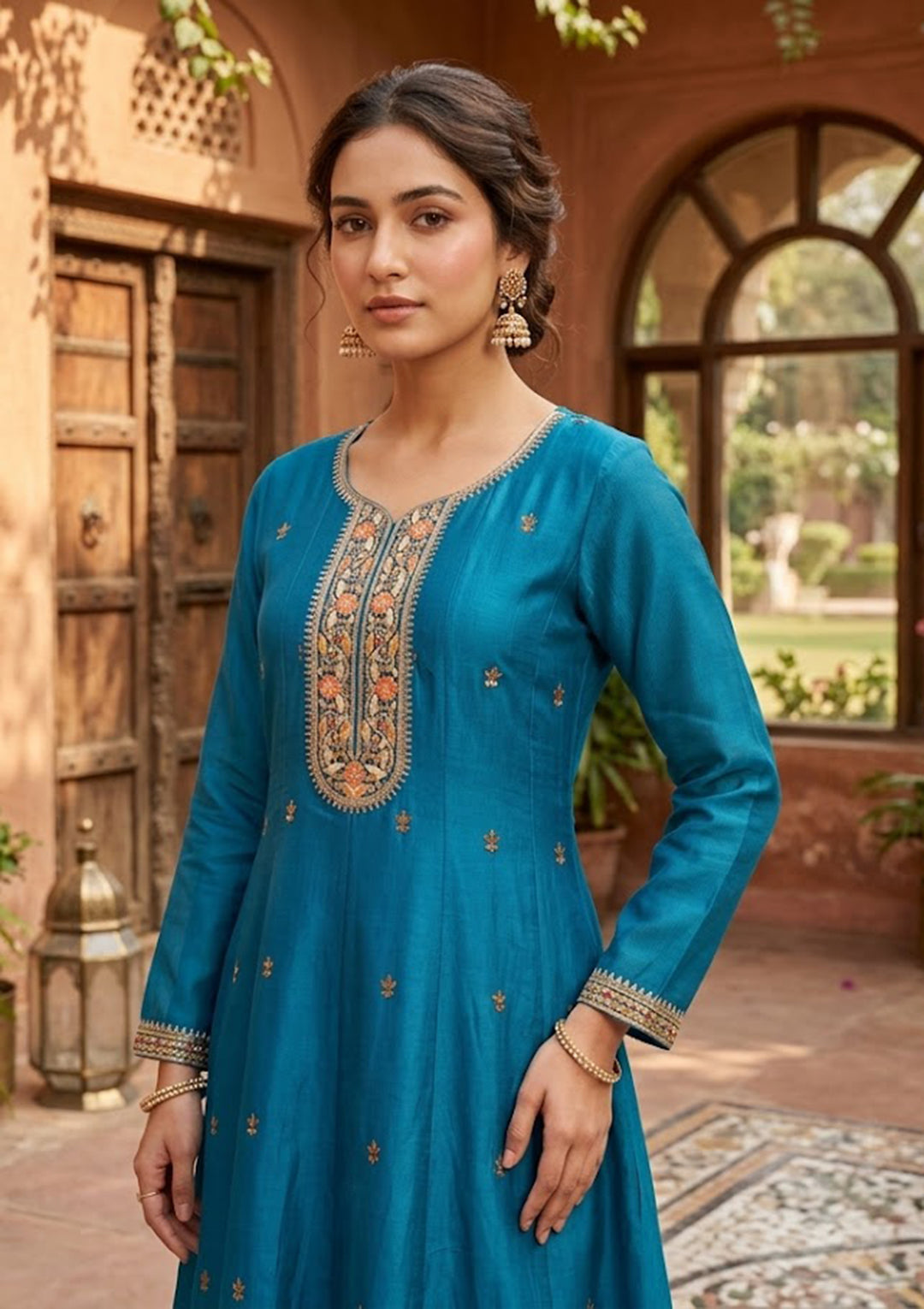 Navy Blue Chanderi Cording Anarkali Kurta With Regular Pant And Dupatta