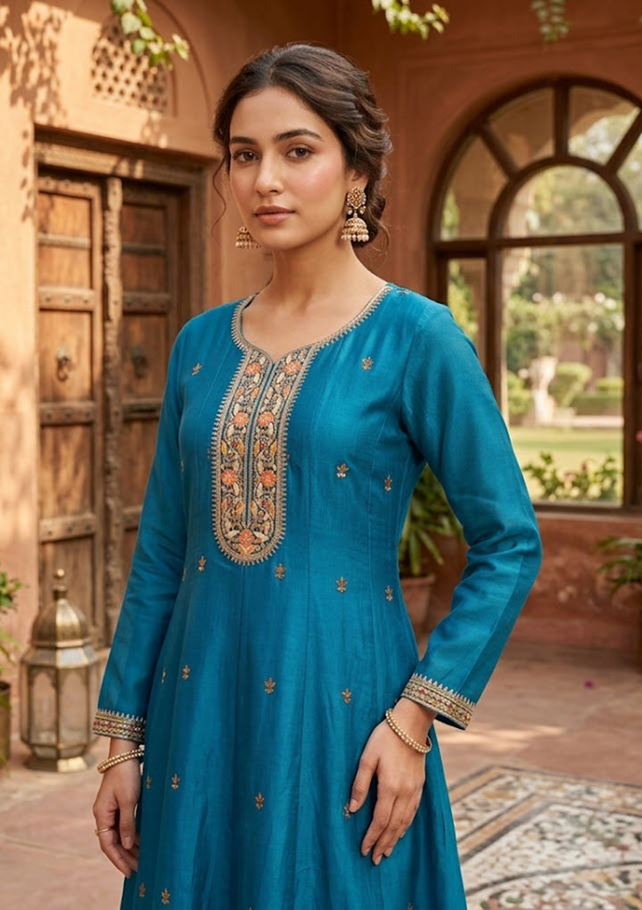 Navy Blue Chanderi Cording Anarkali Kurta With Regular Pant And Dupatta