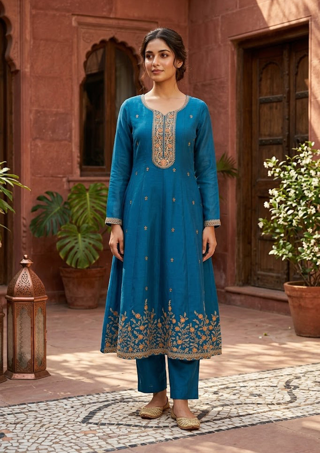 Navy Blue Chanderi Cording Anarkali Kurta With Regular Pant And Dupatta