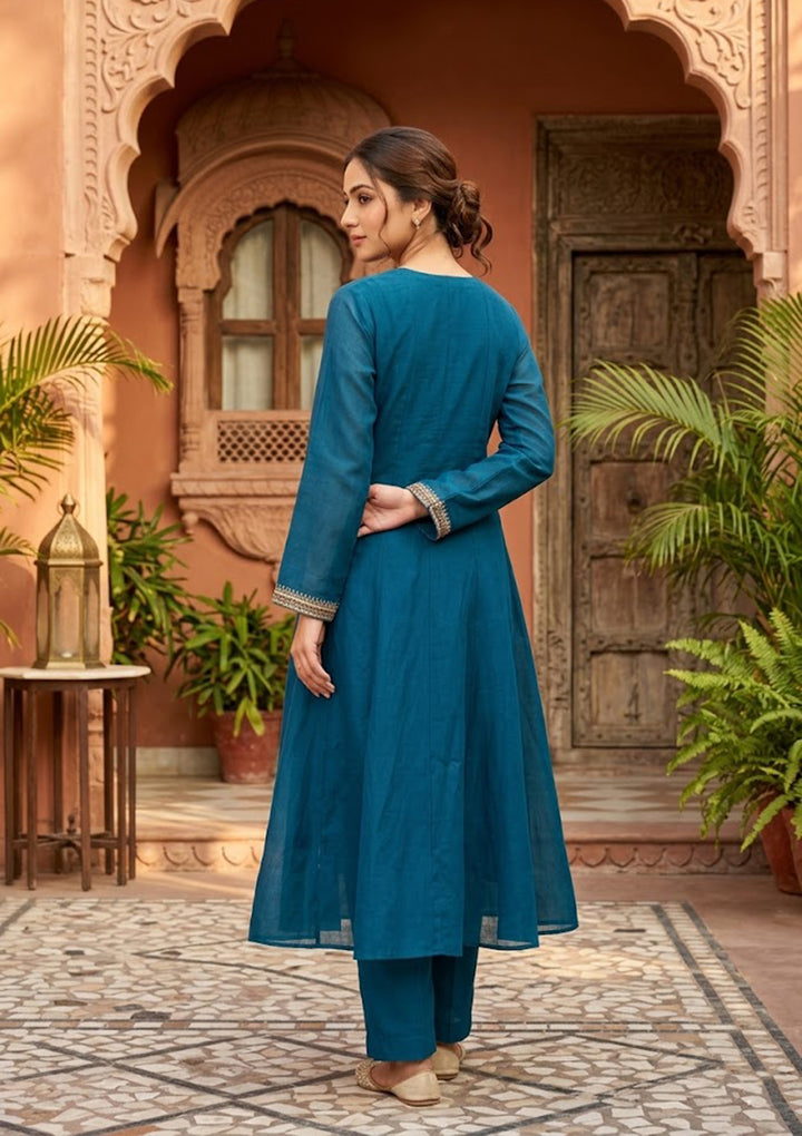 Navy Blue Chanderi Cording Anarkali Kurta With Regular Pant And Dupatta