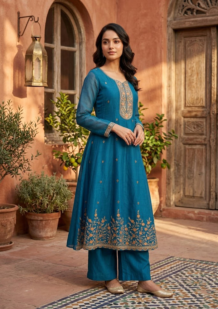 Navy Blue Chanderi Cording Anarkali Kurta With Regular Pant And Dupatta