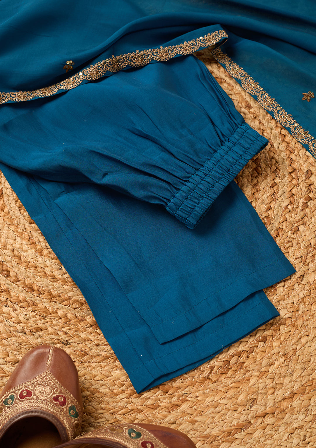 Navy Blue Chanderi Cording Anarkali Kurta With Regular Pant And Dupatta