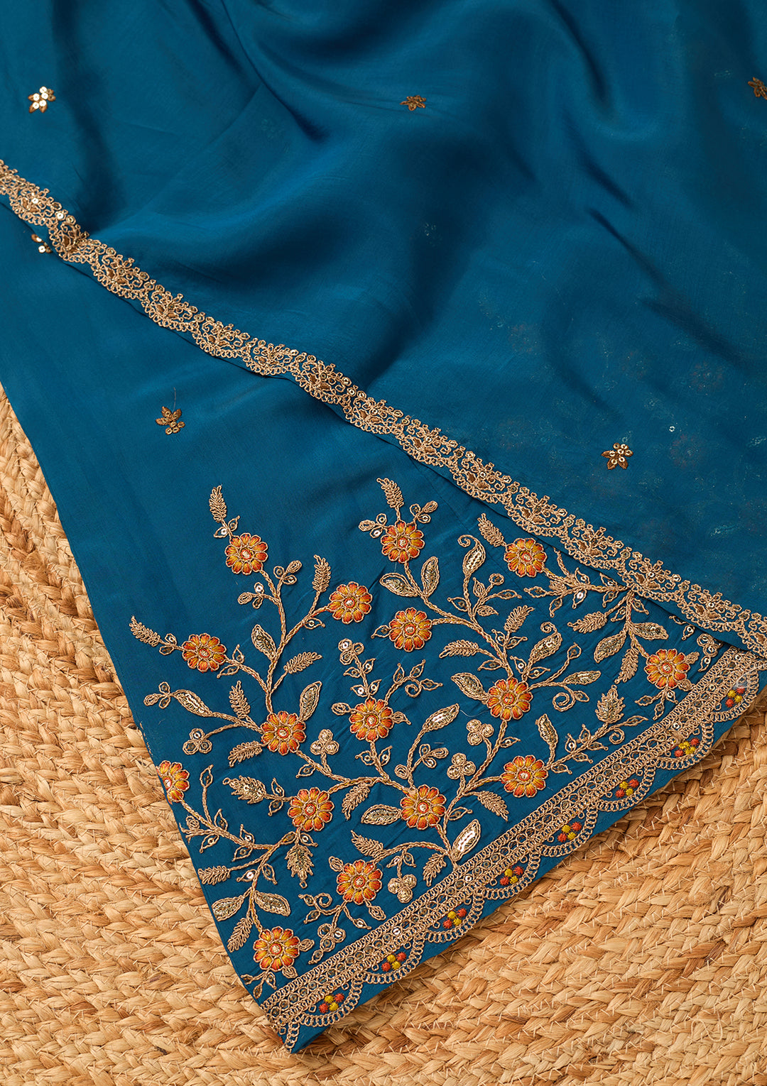 Navy Blue Chanderi Cording Anarkali Kurta With Regular Pant And Dupatta