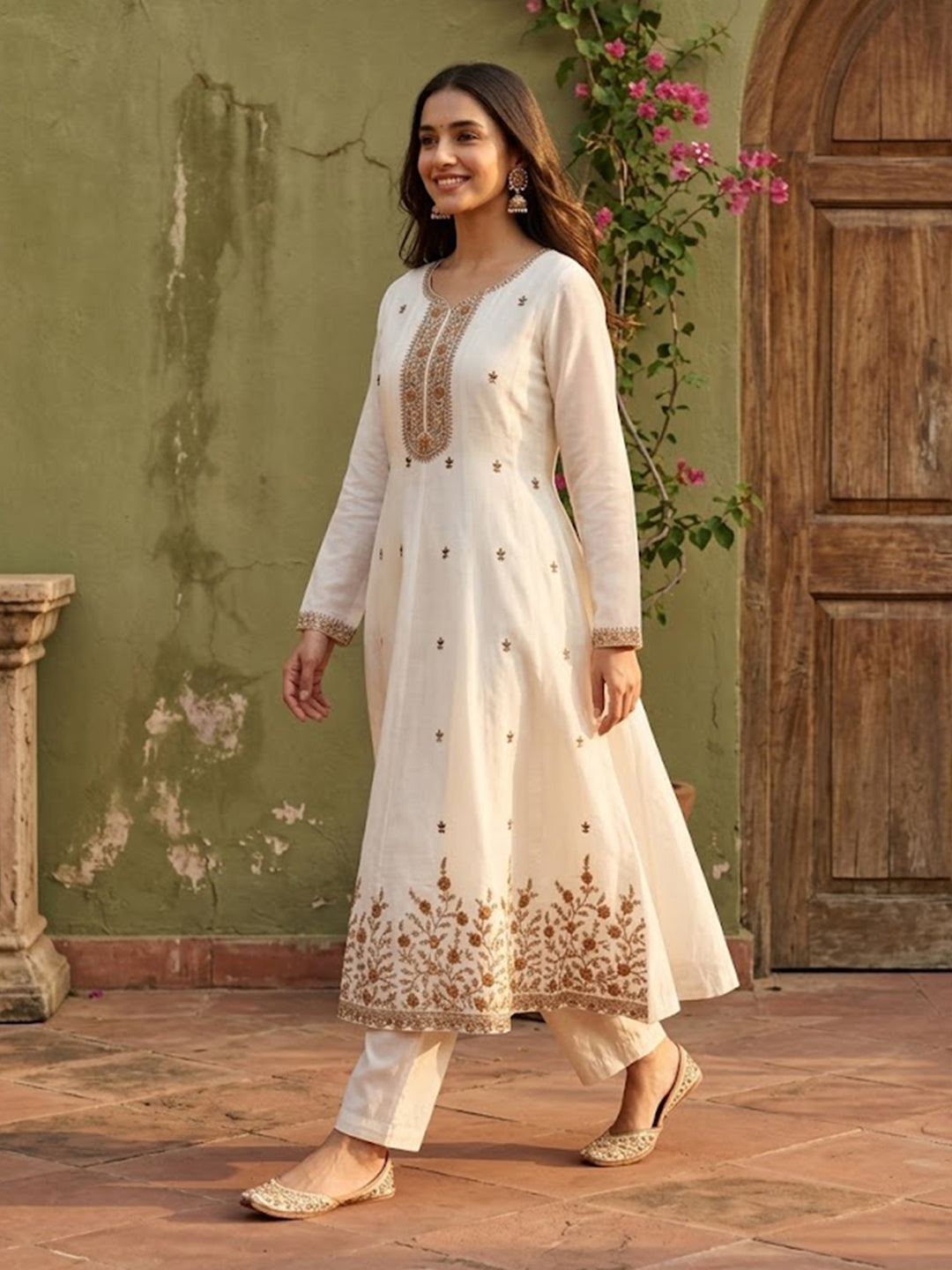 Off White Chanderi Cording Anarkali Kurta With Pant Regular And Dupatta