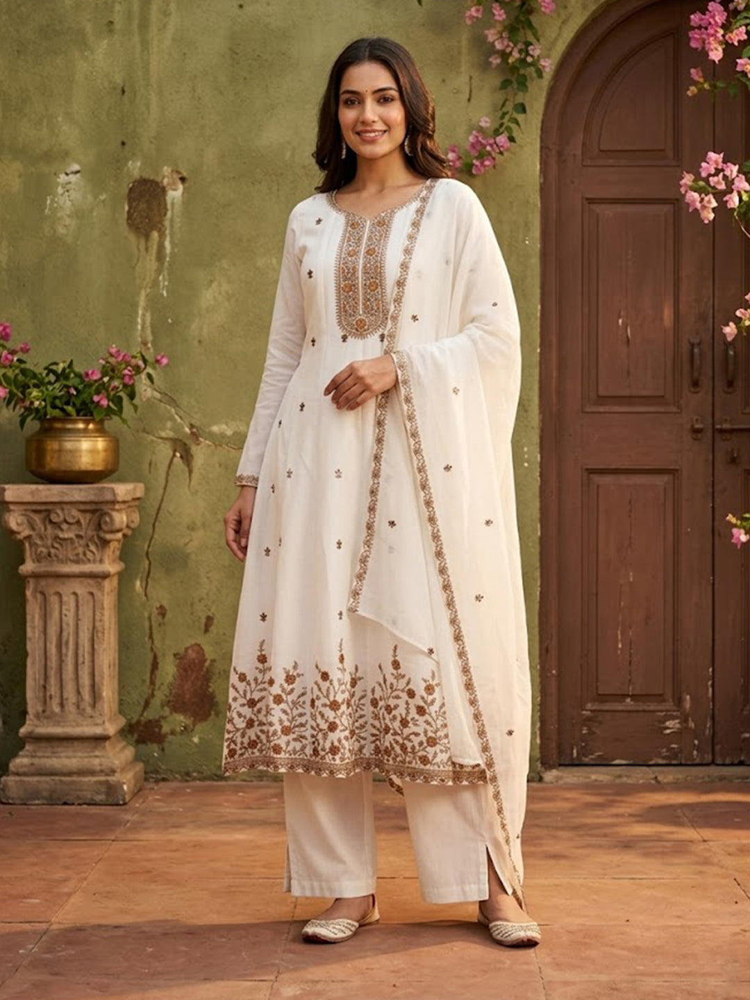 Off White Chanderi Cording Anarkali Kurta With Pant Regular And Dupatta