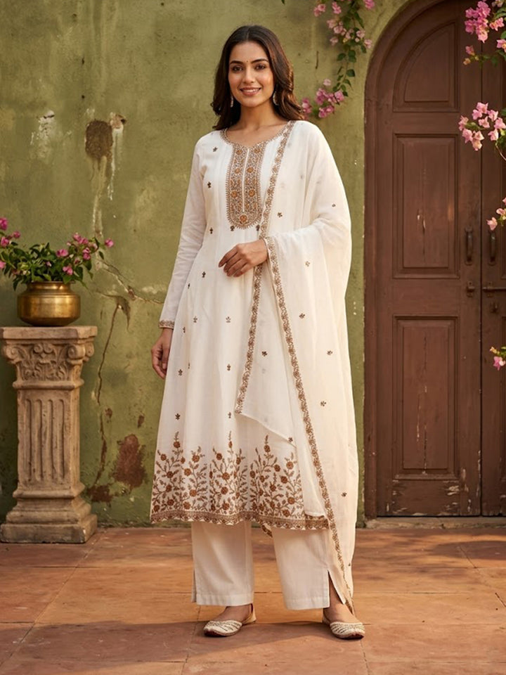 Off White Chanderi Cording Anarkali Kurta With Pant Regular And Dupatta