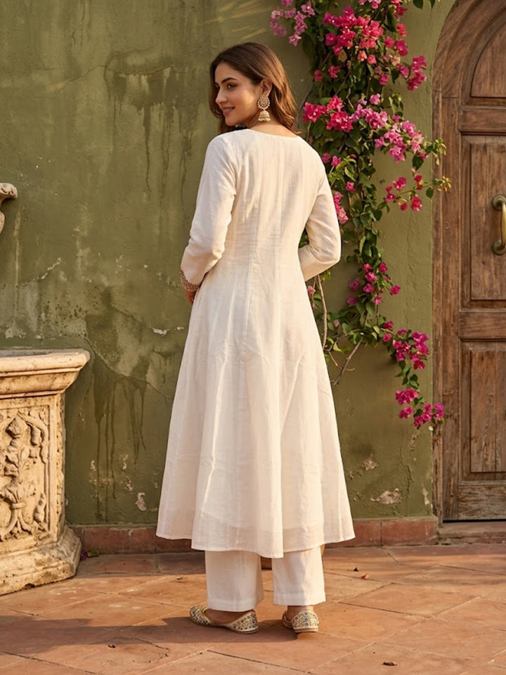 Off White Chanderi Cording Anarkali Kurta With Pant Regular And Dupatta