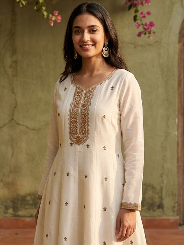 Off White Chanderi Cording Anarkali Kurta With Pant Regular And Dupatta