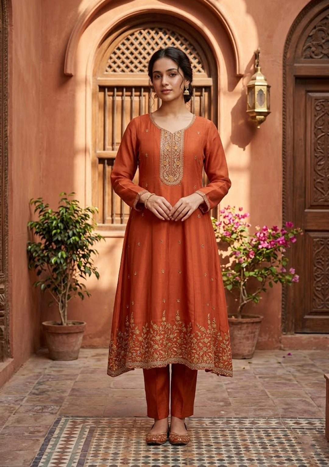 Rust Chanderi Cording Anarkali Kurta With Regular Pant And Dupatta