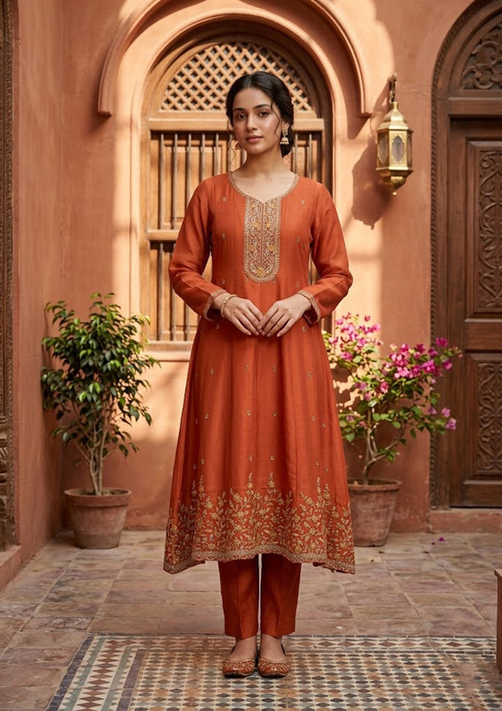 Rust Chanderi Cording Anarkali Kurta With Regular Pant And Dupatta