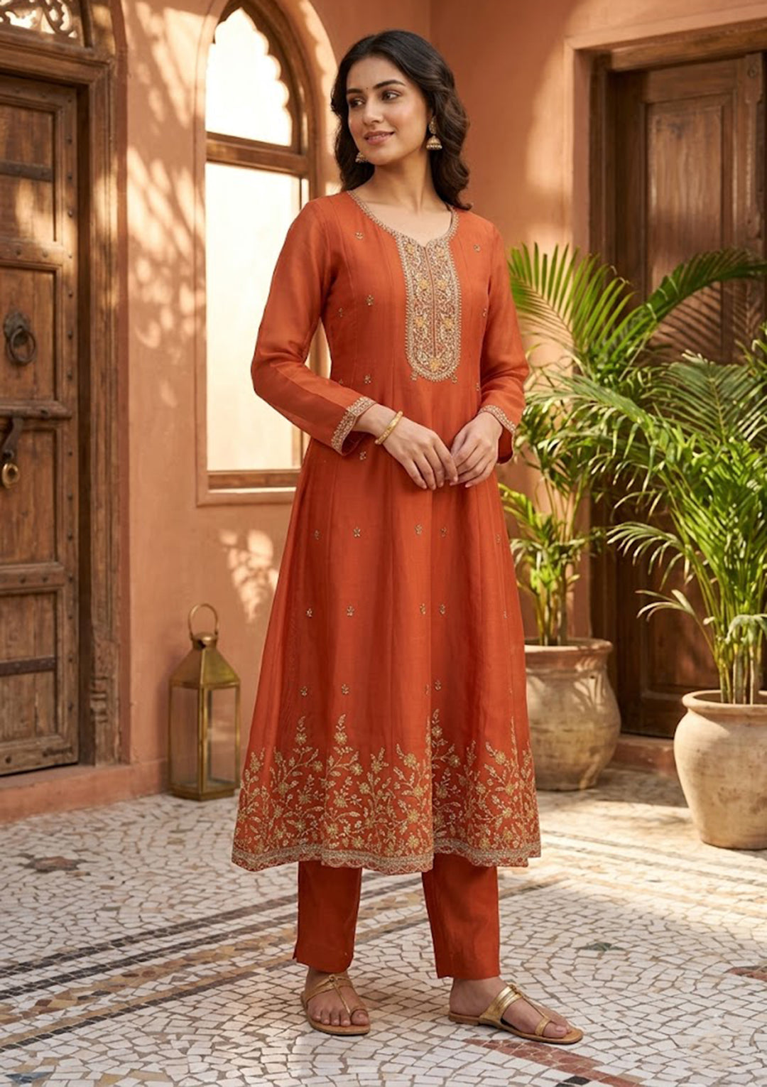 Rust Chanderi Cording Anarkali Kurta With Regular Pant And Dupatta