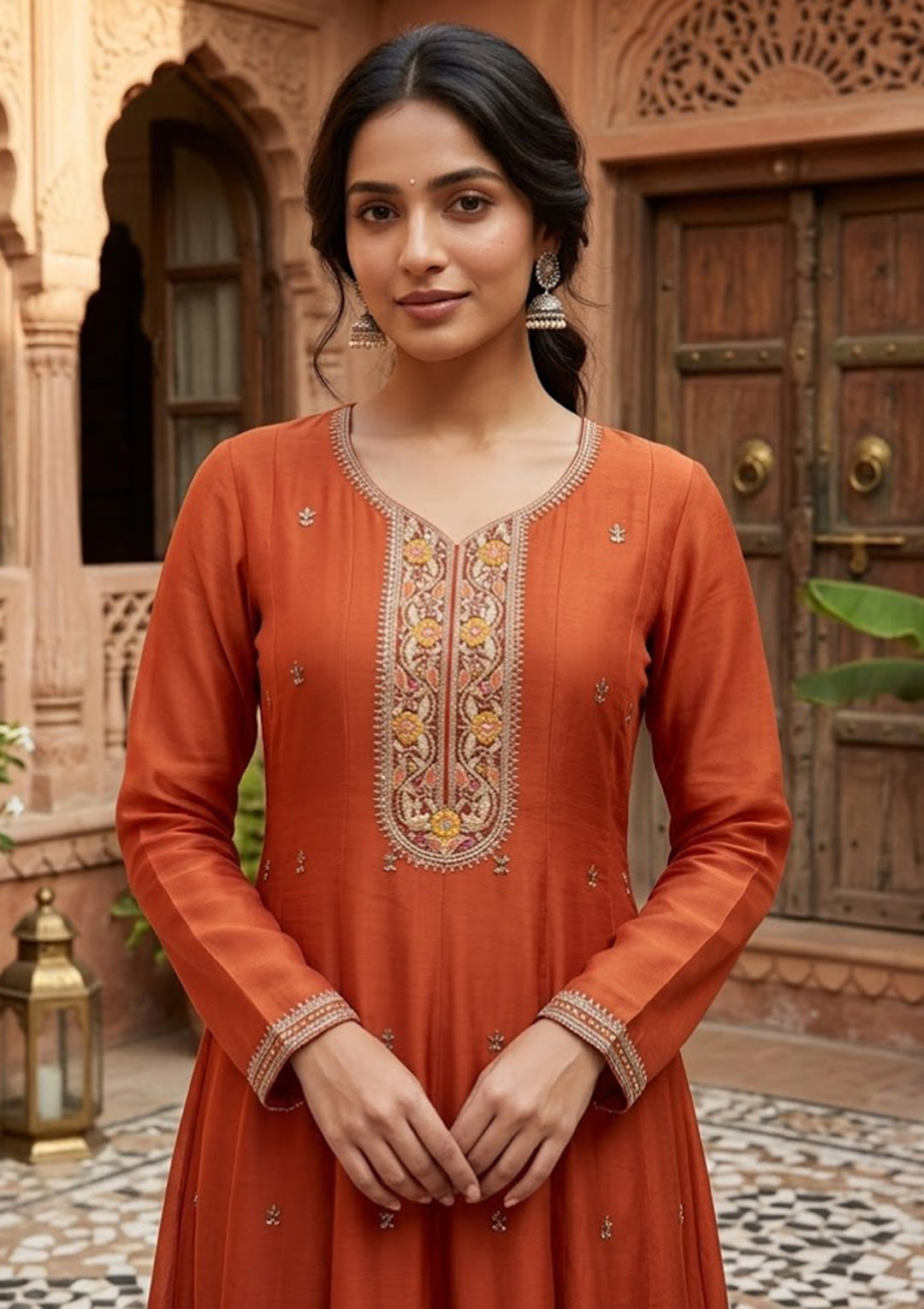 Rust Chanderi Cording Anarkali Kurta With Regular Pant And Dupatta