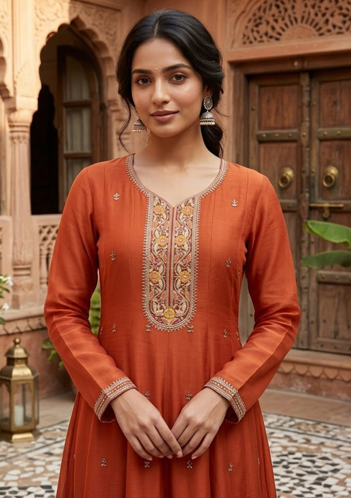 Rust Chanderi Cording Anarkali Kurta With Regular Pant And Dupatta