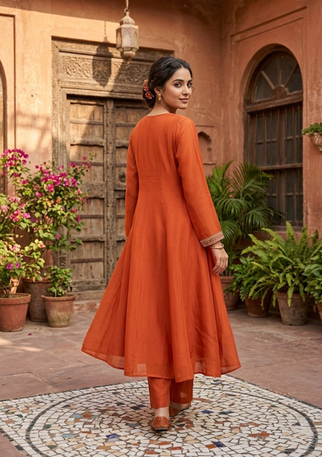 Rust Chanderi Cording Anarkali Kurta With Regular Pant And Dupatta