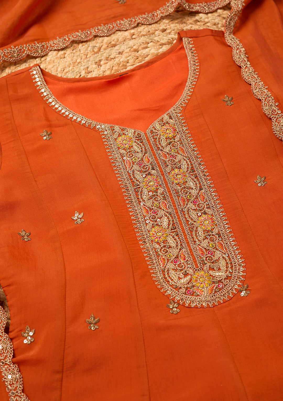 Rust Chanderi Cording Anarkali Kurta With Regular Pant And Dupatta