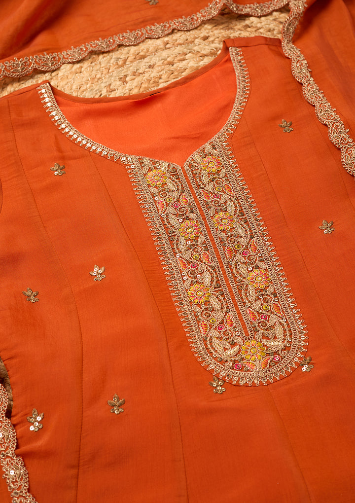 Rust Chanderi Cording Anarkali Kurta With Regular Pant And Dupatta