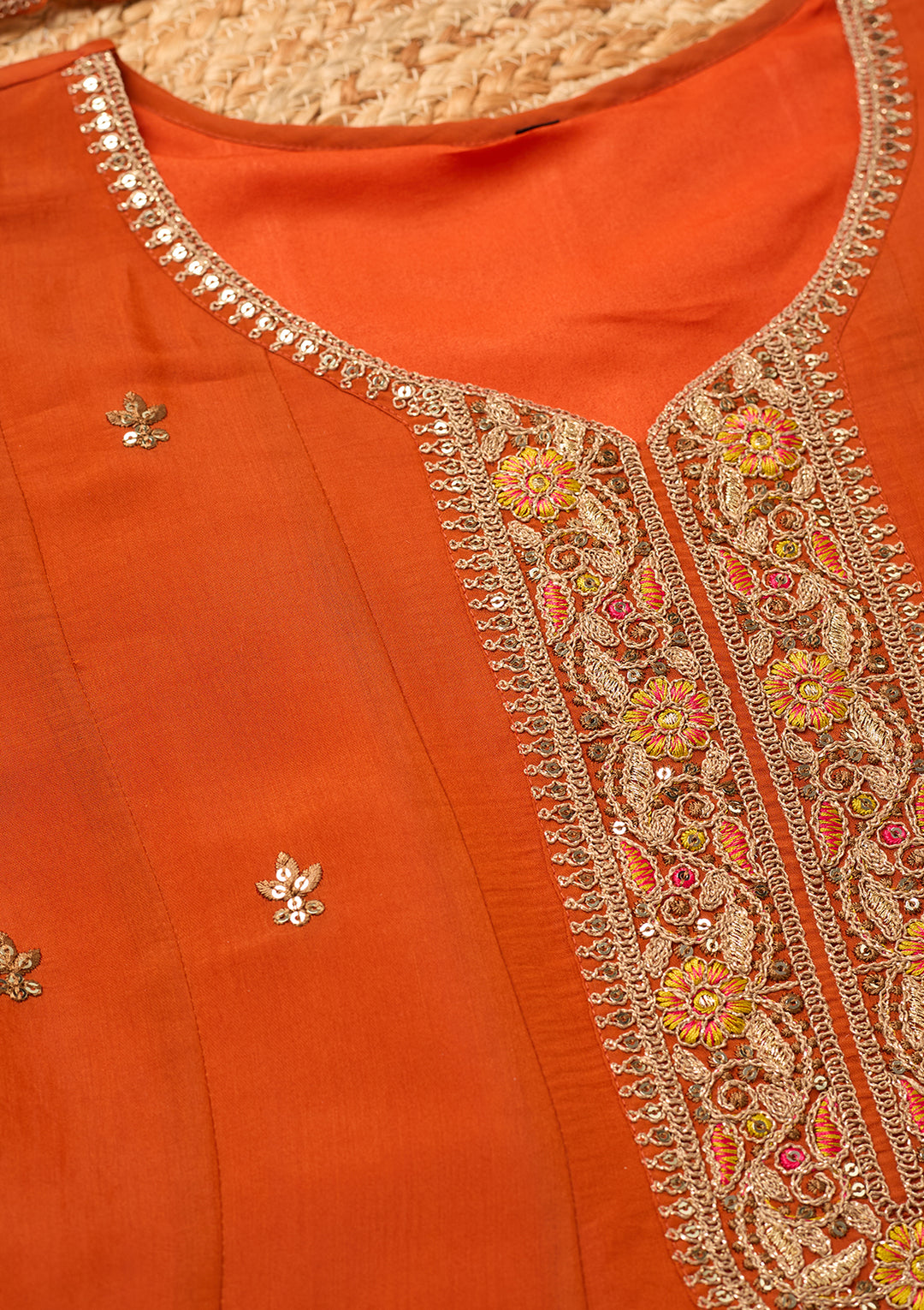 Rust Chanderi Cording Anarkali Kurta With Regular Pant And Dupatta
