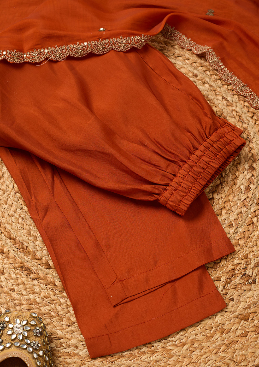 Rust Chanderi Cording Anarkali Kurta With Regular Pant And Dupatta
