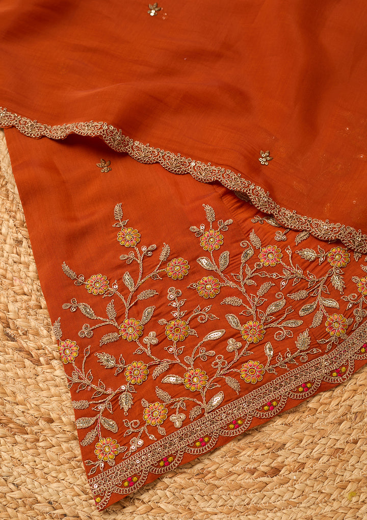 Rust Chanderi Cording Anarkali Kurta With Regular Pant And Dupatta